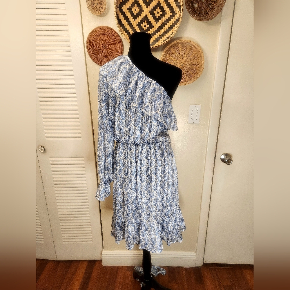 LAST ONE! White and Blue One Sleeve Ruffle Mini Dress With Wrap - Picture 13 of 13